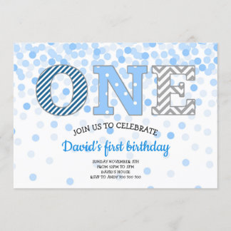 Junge erste Geburtstag ONE Confetti Zickzack Blue  Einladung