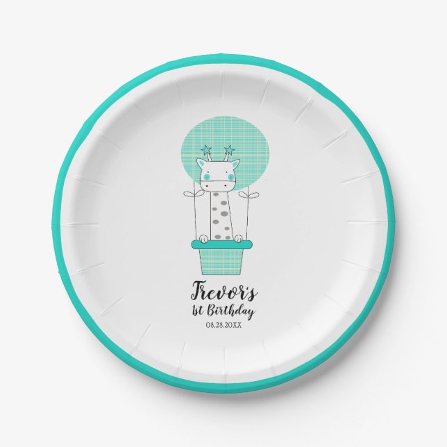 Junge erste GeburtstagsGiraffe Papierplatte Pappteller (Vorderseite)