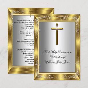 Junge Erste heilige Kommune Silver Gold Cross 2 Einladung