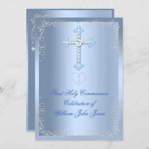 Junge Erste Heilige Kommunion Silver Blue Einladung