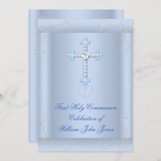 Junge Erste Heilige Kommunion Silver Blue Einladung (Vorne/Hinten)