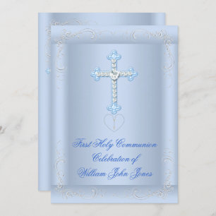 Junge Erste Heilige Kommunion Silver Blue Einladung