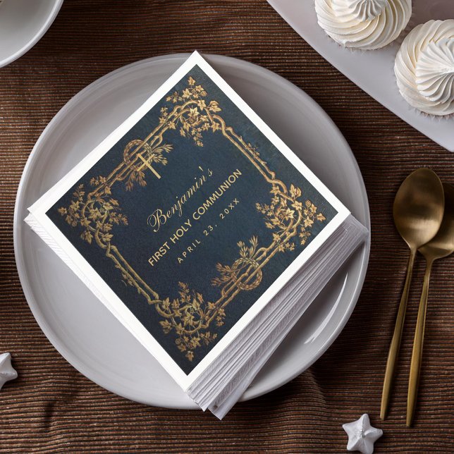 Junge Erste Kommune Navy Vintage Goldweine Serviette (Von Creator hochgeladen)