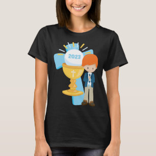 Junge Erste Kommunion Keepake 2023 Cross Blue Rosa T-Shirt