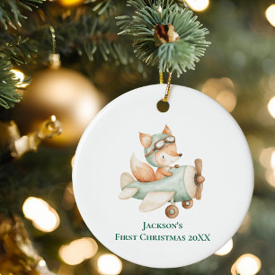 Junge erstes Weihnachten Fuchs Pilot Flugzeug Luft Keramik Ornament