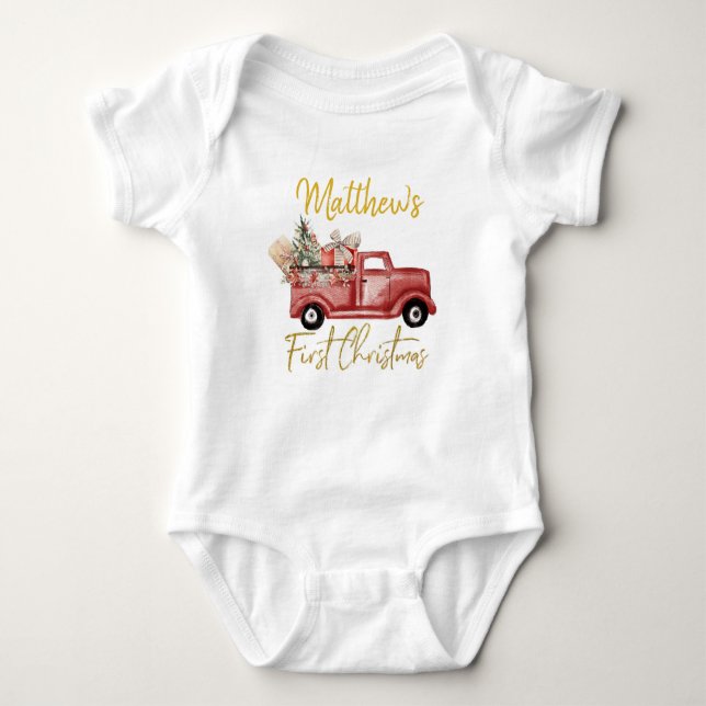 Junge First Christmas Red Truck Baby Bodysuit Baby Strampler (Vorderseite)