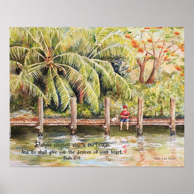 Junge Fischerei mit Hund Psalm 37:4 Poster (Vorne)