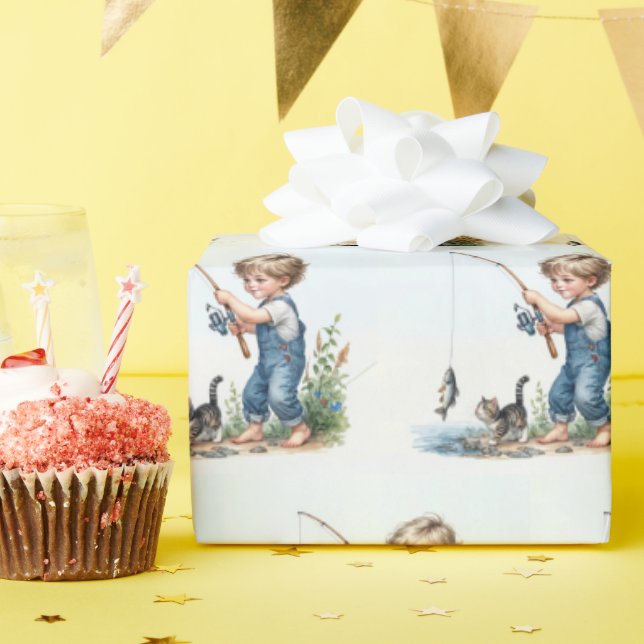 Junge Fischerei mit Kitten Geschenkpapier (Geburtstagsparty)