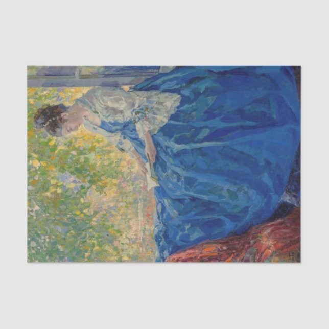 Junge Frau beim Lesen in einem Fenster Seidenpapier (Vorderseite)