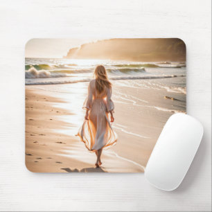Junge Frau, die am Strand spazieren geht Mousepad