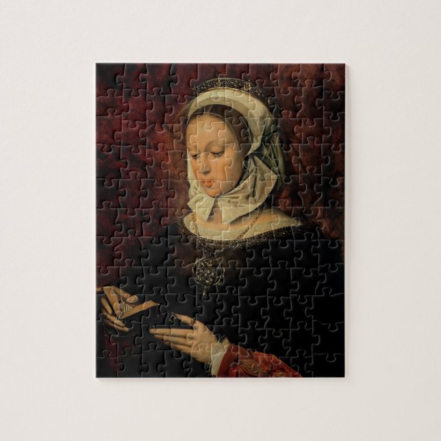 Junge Frau, die ein Buch der Stunden (Öl, liest Puzzle (Vertikal)