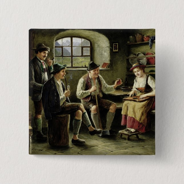 Junge Frau, die einen Zither spielt Button (Vorderseite)