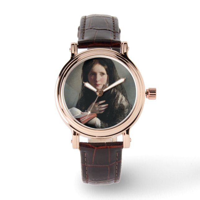 Junge Frau hat in Träumen verloren (Lesen eines Bu Armbanduhr (Vorderseite)