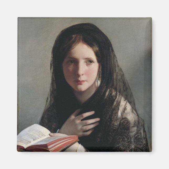 Junge Frau hat in Träumen verloren (Lesen eines Bu Magnet (Vorne)