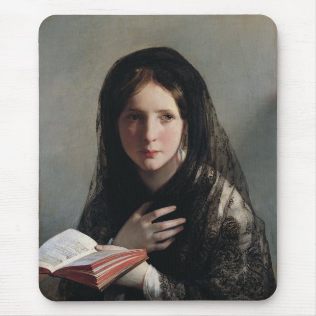 Junge Frau hat in Träumen verloren (Lesen eines Bu Mousepad (Vorne)