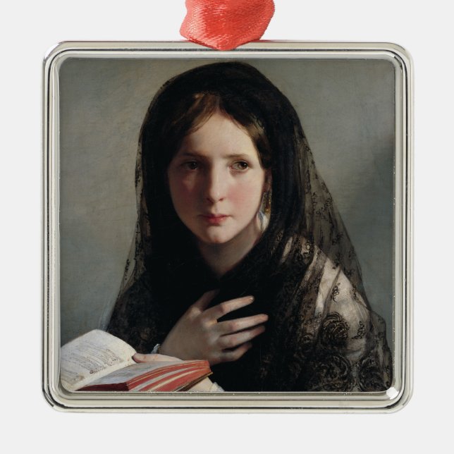 Junge Frau hat in Träumen verloren (Lesen eines Bu Ornament Aus Metall (Vorne)