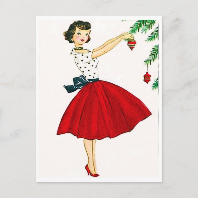 Junge Frau in rotem Kleid, die Weihnachtsbaum schm Postkarte (Vorderseite)