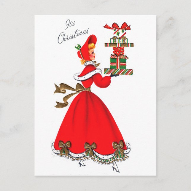 Junge Frau in rotem Kleid mit Weihnachtsgeschenken Postkarte (Vorderseite)