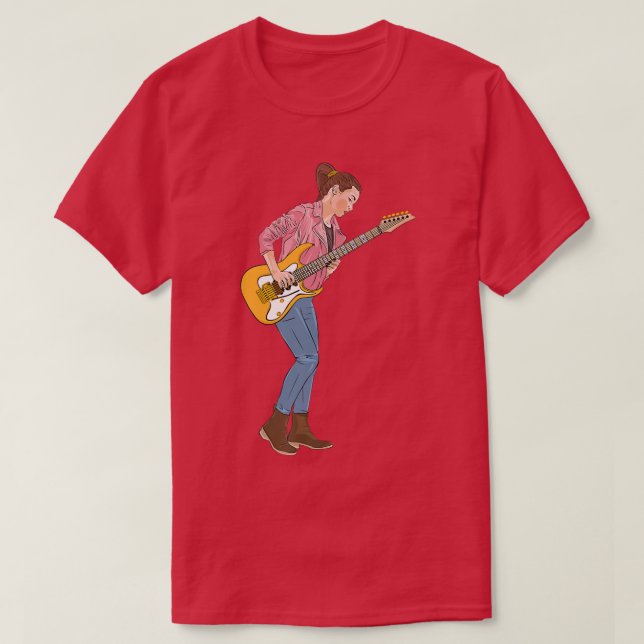Junge Frau leidenschaftlich mit E-Gitarre spielen T-Shirt (Design vorne)