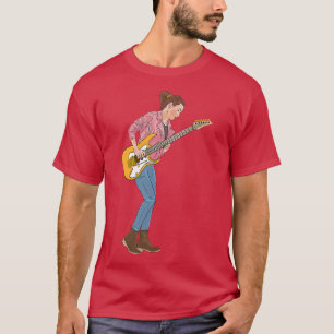 Junge Frau leidenschaftlich mit E-Gitarre spielen T-Shirt