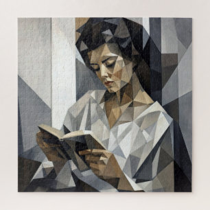 Junge Frau liest ein Buch Kubistische Kunstform Puzzle