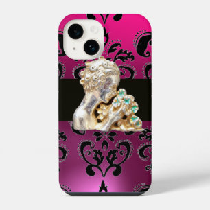 JUNGE FRAU MIT BLUMEN SCHWARZ PINK DAMAST Amethyst iPhone 14 Hülle