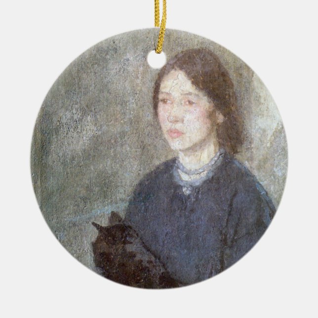 Junge Frau mit einer schwarzen Katze (von Gwen Joh Keramik Ornament (Vorne)