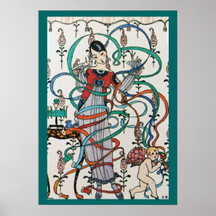 JUNGE FRAU MIT FARBENFROHEM BAND WIRBELT UND CUPID POSTER