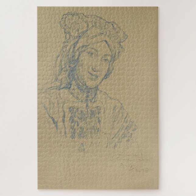 Junge Frau mit Folk Headdress - Alphonse Mucha Puzzle (Vertikal)