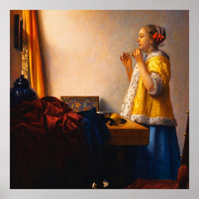 Junge Frau mit Perlenhalskette von Vermeer Poster (Vorne)