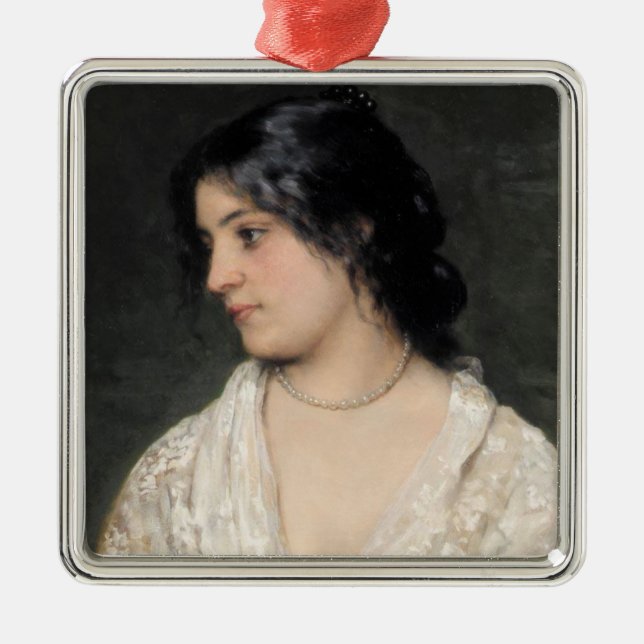 Junge Frau mit Perlenschnur Ornament Aus Metall (Vorne)