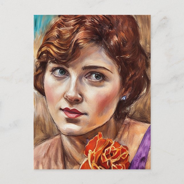 Junge Frau mit Rosen-Pastellkunst-Gemälde Postkarte (Vorderseite)