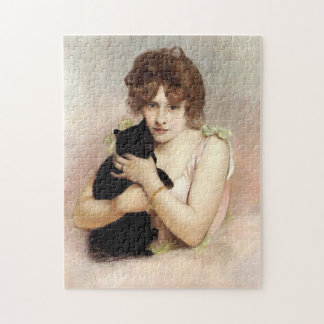 Junge Frau mit schwarzem Katzenhalter-Belleuse Puzzle