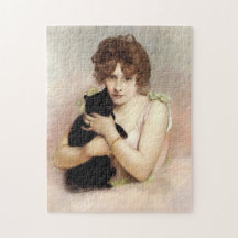 Junge Frau mit schwarzer Katze Ballerina Malerei