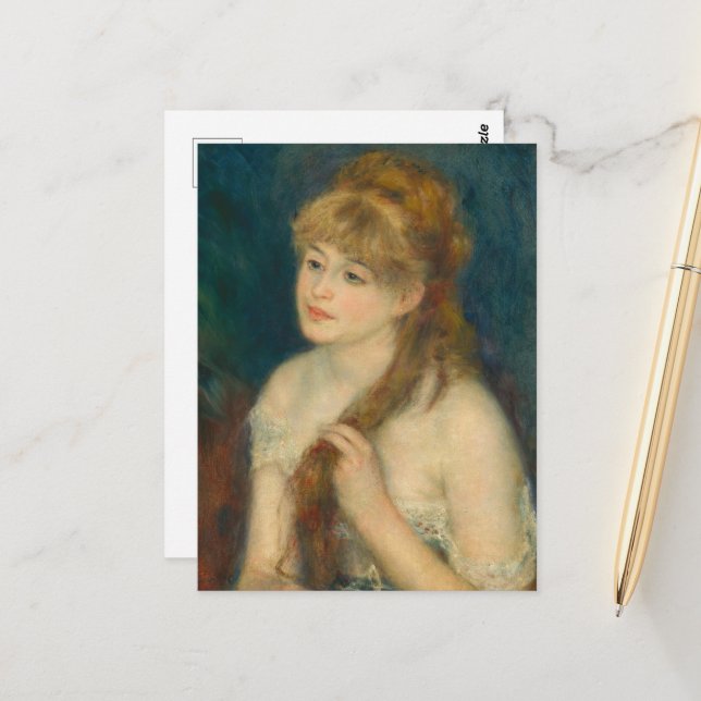 Junge Frau von Renoir über ihr Haar Postkarte (Vorderseite/Rückseite Beispiel)