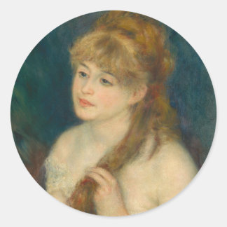 Junge Frau von Renoir über ihr Haar Runder Aufkleber