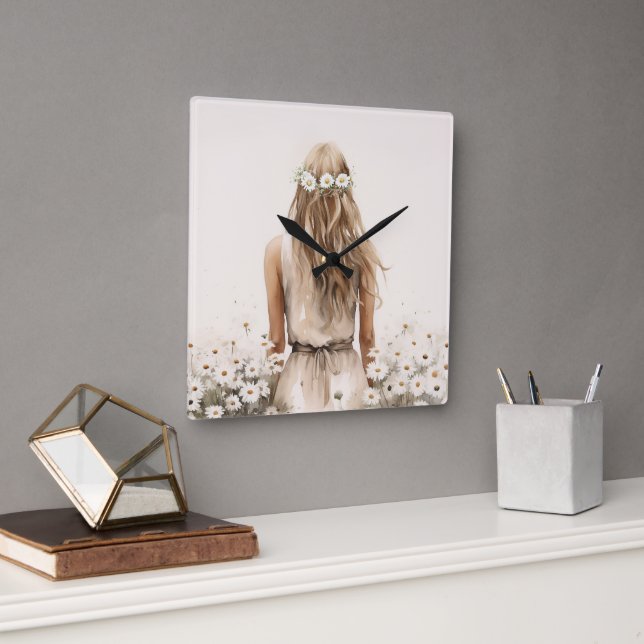 Junge Frau Wasserfarbe in Daisy Field Quadratische Wanduhr (Büro)