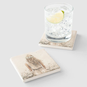 Junge Frau Wasserfarbe in Daisy Field Steinuntersetzer