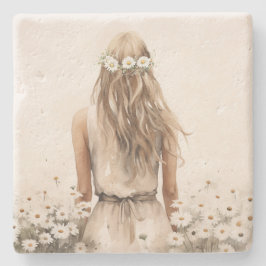 Junge Frau Wasserfarbe in Daisy Field Steinuntersetzer