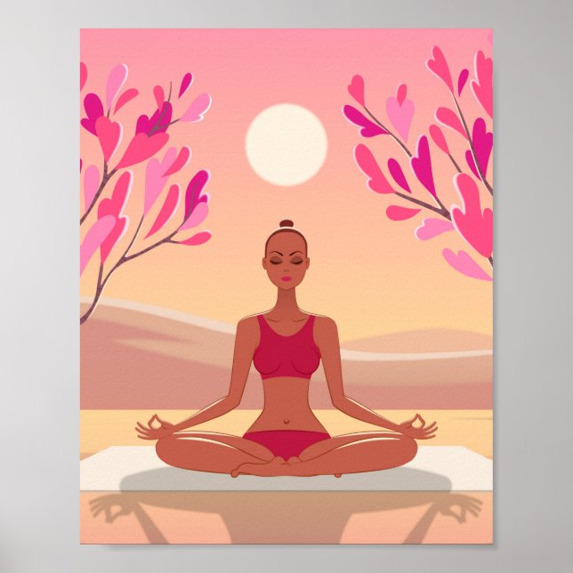 Junge Frau Yoga Meditation Padmasana Pink Golden Poster (Vorne)
