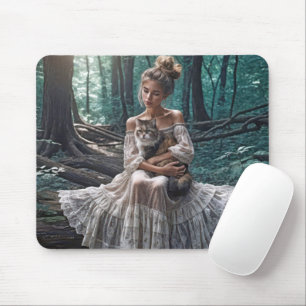 Junge Frauen in Wäldern mit Katze Mousepad