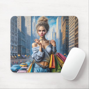 Junge Frauen kaufen in der großen Stadt Mousepad