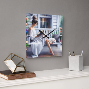 Junge Frauen lesen ein Buch mit Katze Quadratische Wanduhr