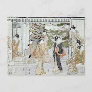 Junge Frauen mit einem Korb Chrysanthemen Postkarte