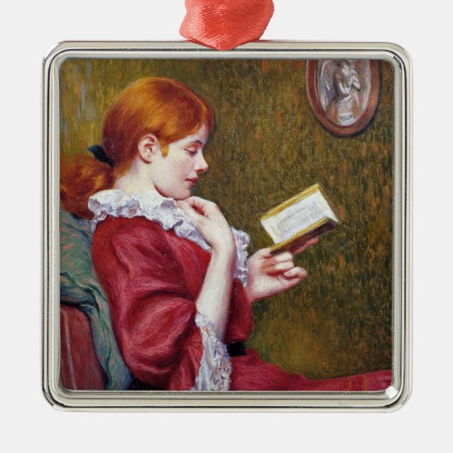 Junge Frauen mit rotem Haar lesen ein gutes Buch Ornament Aus Metall (Vorne)
