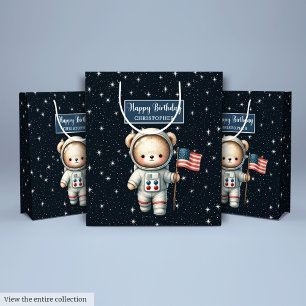 Junge Geburtstag Geschenktasche mit Space Teddy Bä Mittlere Geschenktüte
