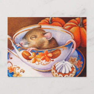 Junge Herbstmäuse schläft im Teacup Wasserfarbe Ku Postkarte