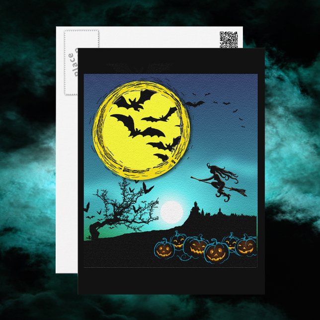 Junge Hexe fliegt unter dem nächtlichen Himmel Postkarte (Young Witch Flying Amongst the Night Sky Postcard)
