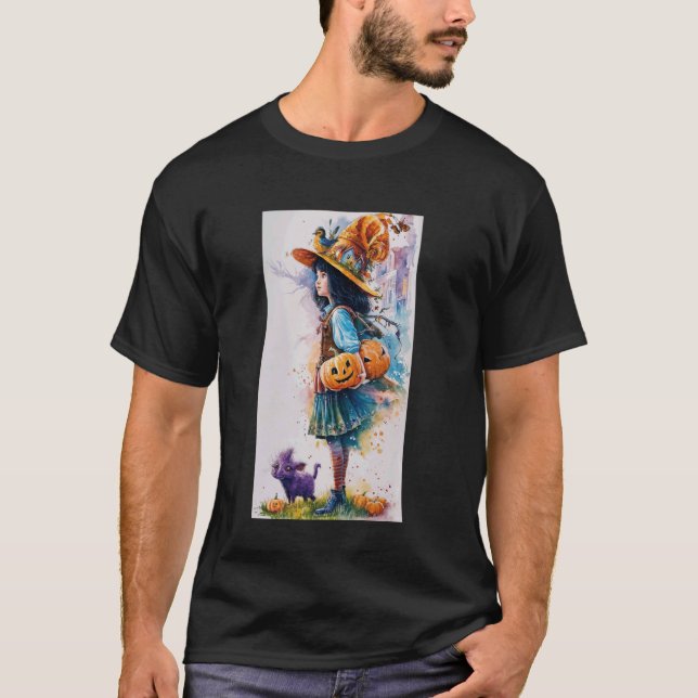 Junge Hexe mit JackOLanterns und violetter Katze T-Shirt (Vorderseite)