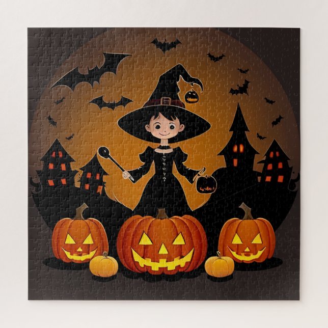 Junge Hexe mit Pumpkins und Spuk Häusern Puzzle (Vertikal)
